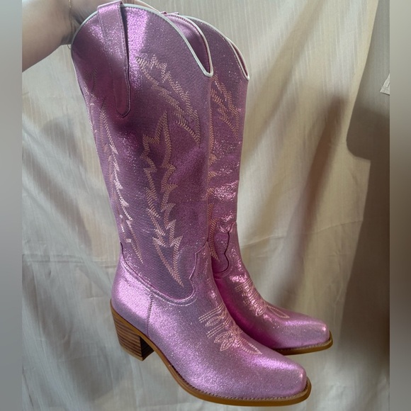 Pink Sparkle Cowgirl Western Cowboy‎ Chunky Heeled Boots Size 9 - Picture 1 of 10